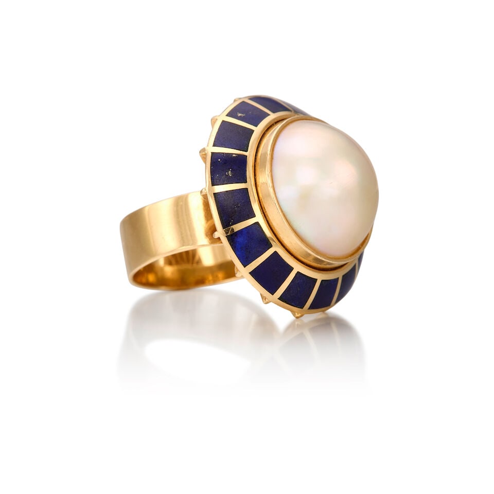 14K YELLOW GOLD, CULTURED PEARL, AND LAPIS LAZULI RING - 2