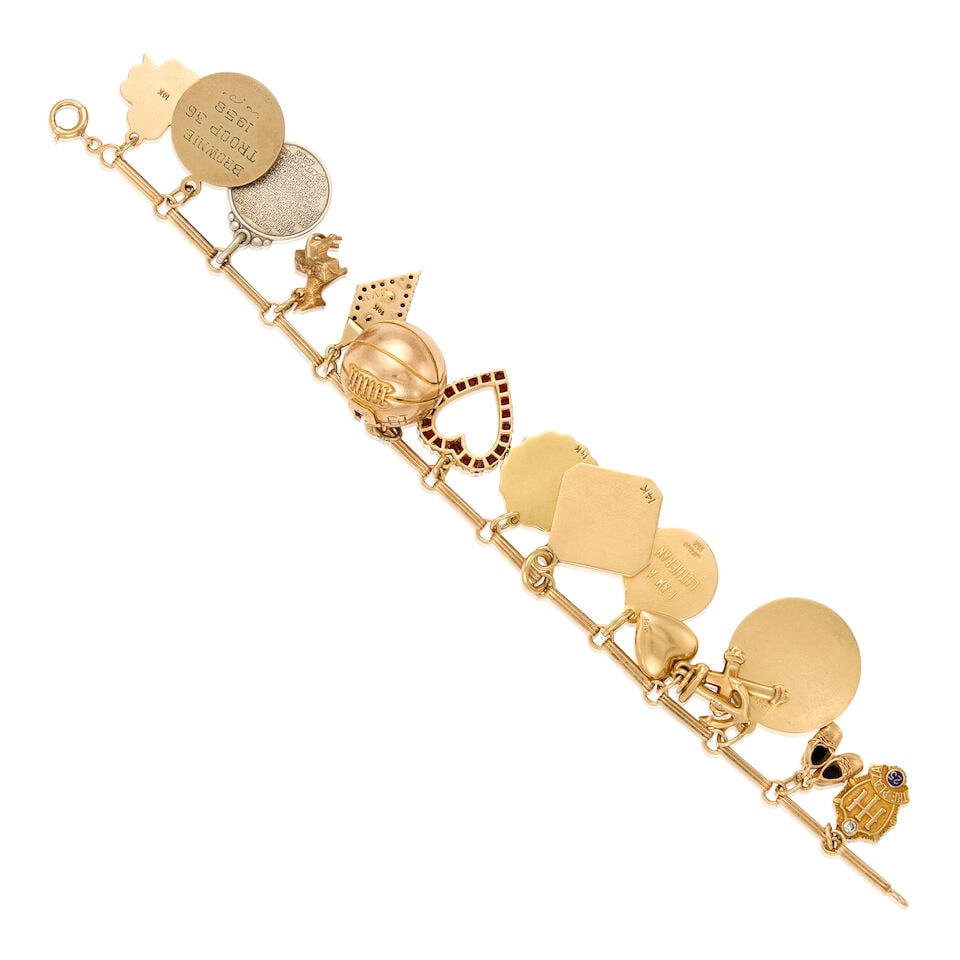 YELLOW GOLD, DIAMOND, CULTURED PEARL, AND ENAMEL CHARM BRACELET - 2