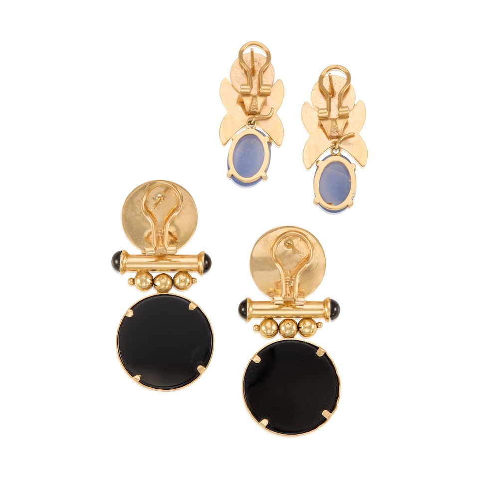 TWO PAIRS OF 14K GOLD, CHALCEDONY, AND ONYX EARRINGS - 2