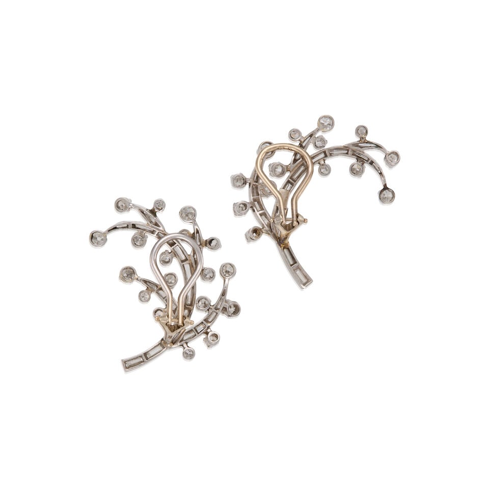 CARTIER: PLATINUM, 14K WHITE GOLD, AND DIAMOND EARRINGS, CIRCA 1950 - 2
