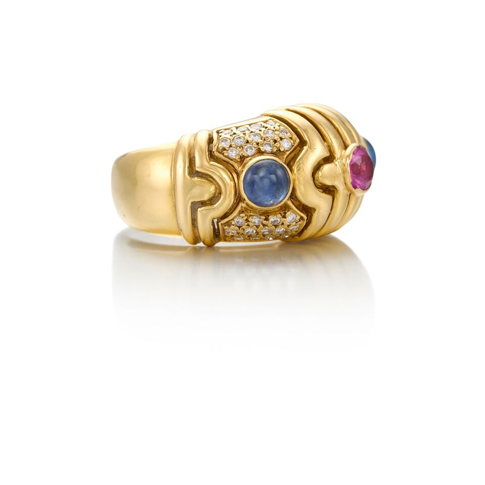 18K YELLOW GOLD, SAPPHIRE, DIAMOND AND SYNTHTIC PINK SAPPHIRE RING - 2