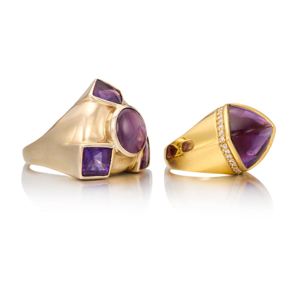 TWO YELLOW GOLD, STAR SAPPHIRE, AMETHYST, AND DIAMOND RINGS - 2