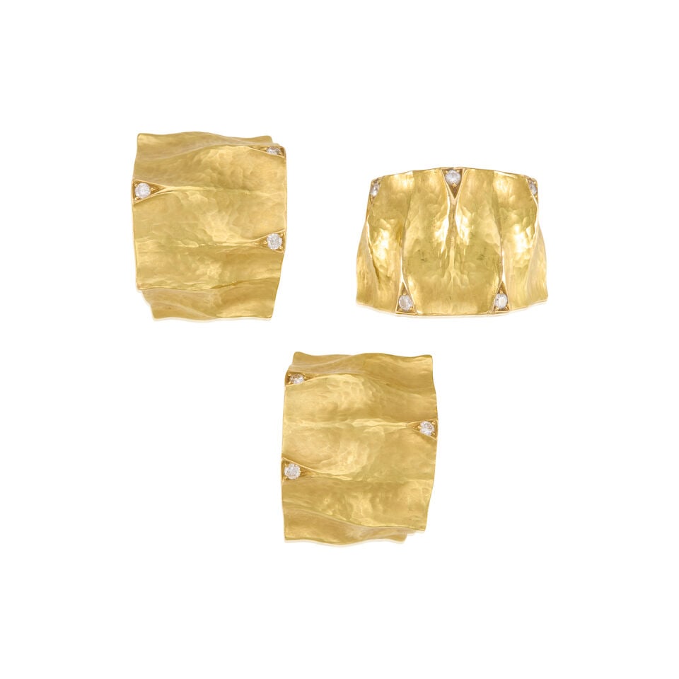 18K YELLOW GOLD AND DIAMOND SET: 18K YELLOW GOLD AND DIAMOND SET • A pair of gold earrings with six round shaped diamonds weighing approximately 0.12 carat total, measures 1 in. x 3/4 in. • A gold ring with five round