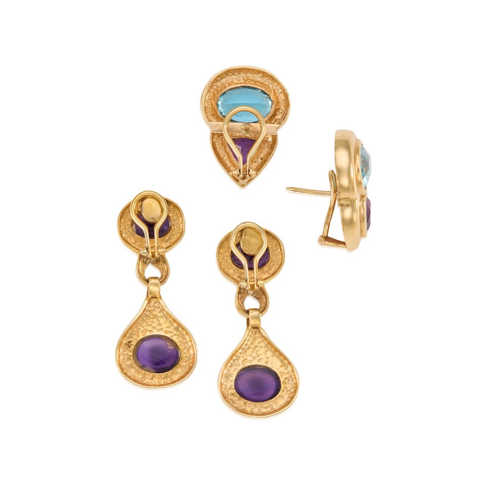 TWO PAIRS OF YELLOW GOLD, AMETHYST AND TOPAZ EARRINGS - 2