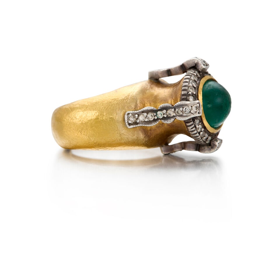 24K YELLOW GOLD, STERLING SILVER, GLASS AND DIAMOND RING - 2