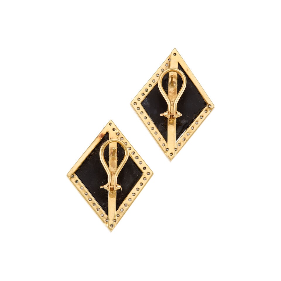 14K YELLOW GOLD, ONYX, AND DIAMOND EARRINGS - 2