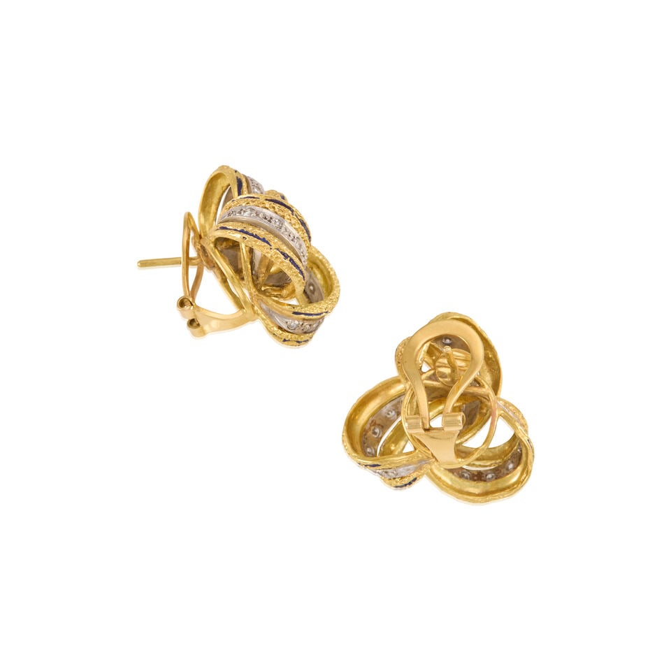 PAIR OF 18K BICOLOR GOLD, DIAMOND AND ENAMEL EARRINGS - 2