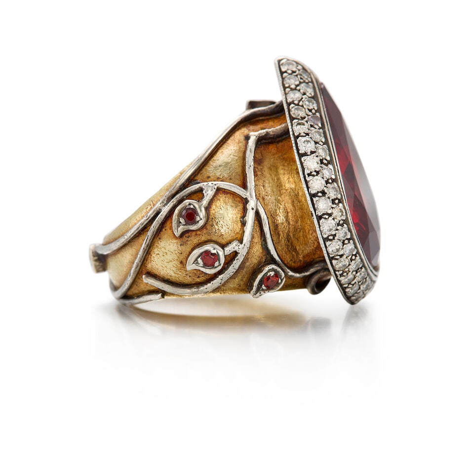18K GOLD, SILVER, SYNTHETIC STONE, AND DIAMOND RING - 2