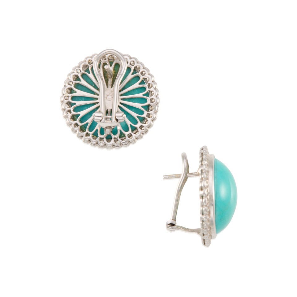 PAIR OF 18K WHITE GOLD, TURQUOISE AND DIAMOND EARRINGS - 2