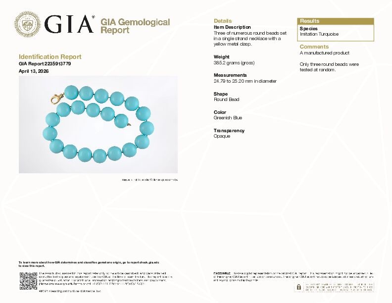 18K GOLD AND IMITATION TURQUOISE BEAD NECKLACE WITH GIA REPORT - 2