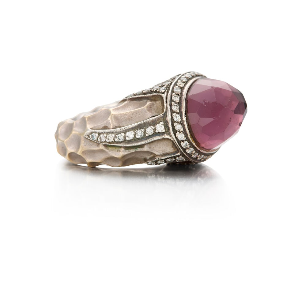 18K WHITE GOLD, SILVER, GLASS, AND DIAMOND RING - 2