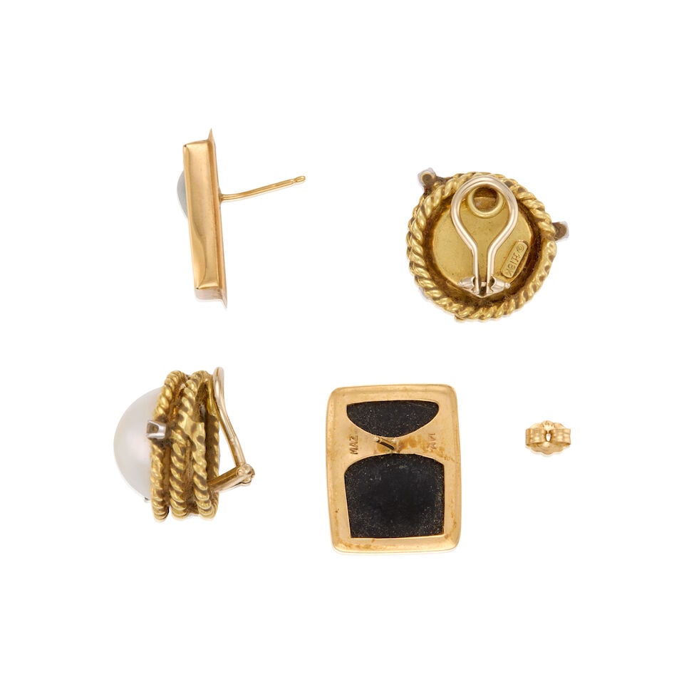 GROUP OF GOLD, ASSEMBLED OPAL, MABE PEARL, AND DIAMOND EARRINGS - 2