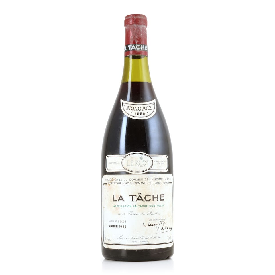 Domaine de la Romanée-Conti, La Tâche, 1988 (1 x 1500ml): Domaine de la Romanée-Conti, La Tâche, 1988 (1 x 1500ml) Region: Côte de Nuits Fill Level: 4cms Capsule: corroded & bin-soiled Label: bin-soiled & badly damp-stained; Italian import bac