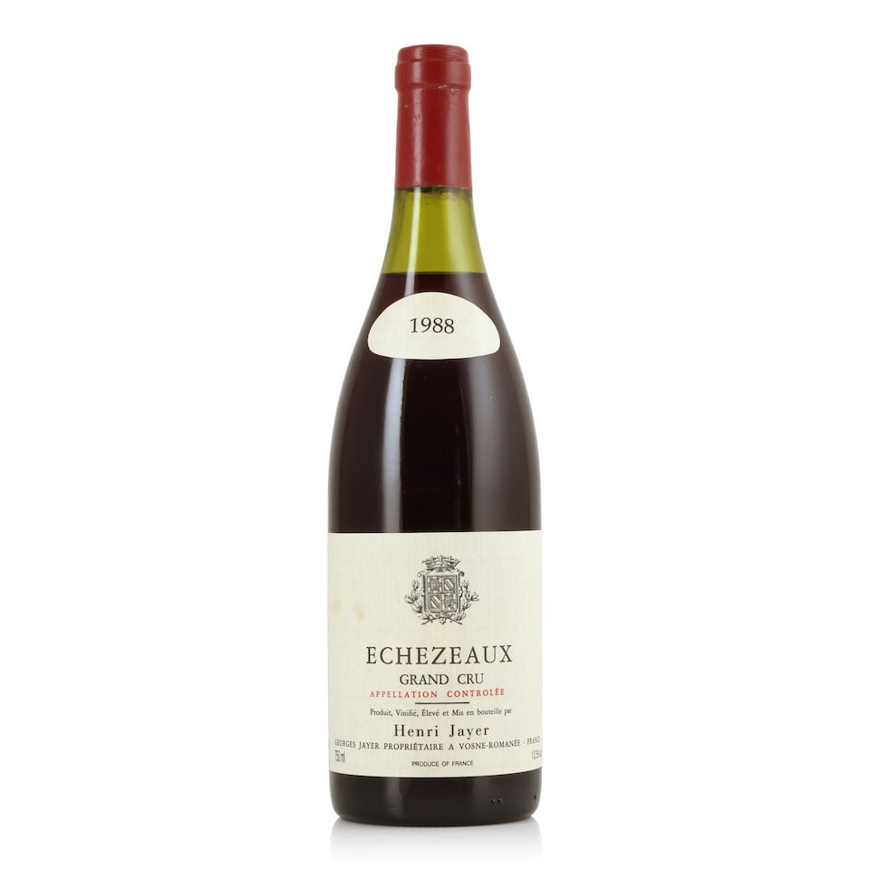 Henri Jayer, Echézeaux, 1988 (1 x 750ml): Henri Jayer, Echézeaux, 1988 (1 x 750ml) Region: Côte de Nuits Fill Level: 3.5cms Capsule: corroded capsules with signs of old seepage Label: lightly bin-soiled & stained For further informa