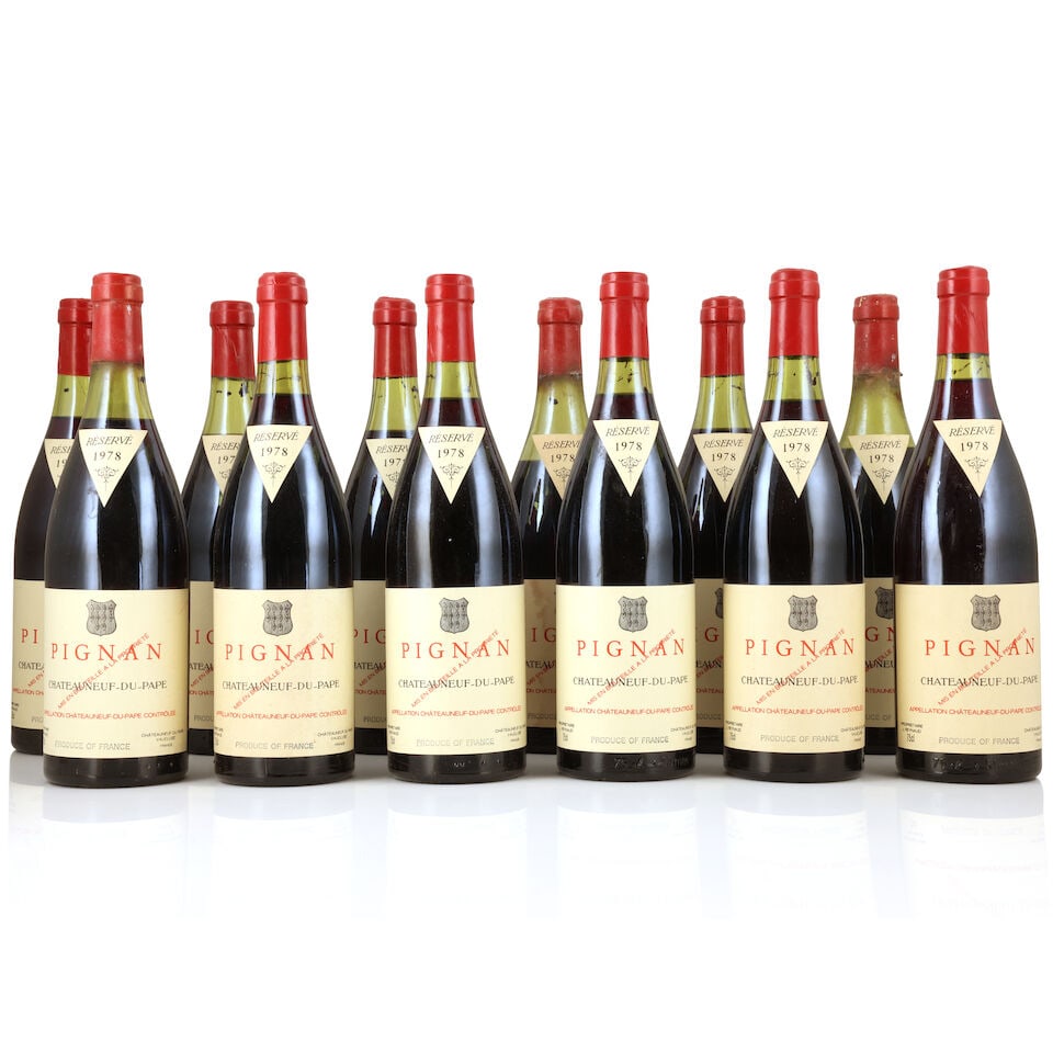 Château Rayas Pignan, Châteauneuf-du-Pape, 1978 (12 x 750ml): Château Rayas Pignan, Châteauneuf-du-Pape, 1978 (12 x 750ml) Region: Rhône Valley Fill Level: 2 x 3cm, 3 x 3.5cm, 1 x 4.5cm, 1 x 5cm, 1 x 5.5cm Capsule: corroded, 6 lightly, 3 badly, 4 
