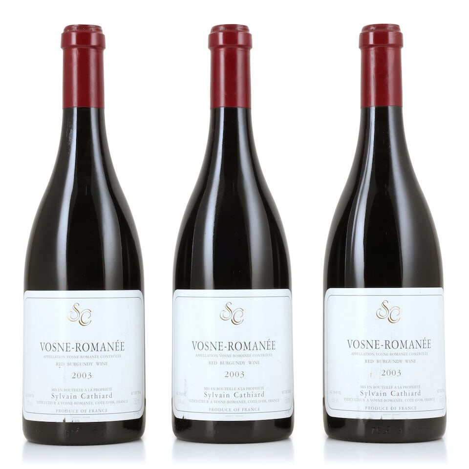Sylvain Cathiard, Vosne-Romanée, 2003 (3 x 750ml): Sylvain Cathiard, Vosne-Romanée, 2003 (3 x 750ml) Region: Côte de Nuits Label: bin-soiled, 2 nicked For further information on this lot please visit Bonhams.com For further information about