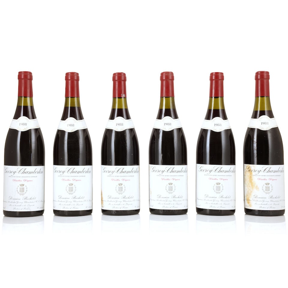 Domaine Bachelet, Gevrey-Chambertin Vieilles Vignes, 1988 (6 x 750ml): Domaine Bachelet, Gevrey-Chambertin Vieilles Vignes, 1988 (6 x 750ml) Region: Côte de Nuits Fill Level: 2 x 3cm Capsule: slightly worn Label: lightly bin-soiled labels, 3 damp stained - 1 badly F