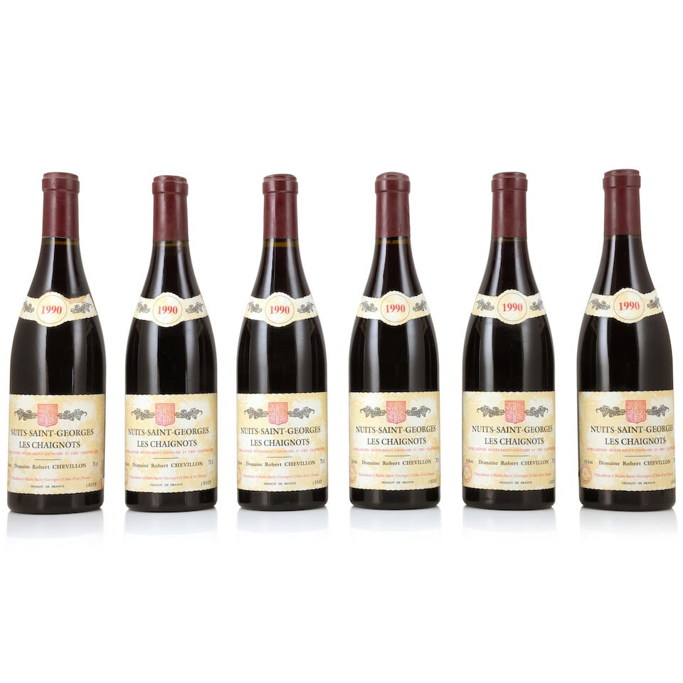 Domaine Robert Chevillon, Nuits-Saint-Georges 1er Cru Les Chaignots, 1990 (6 x 750ml): Domaine Robert Chevillon, Nuits-Saint-Georges 1er Cru Les Chaignots, 1990 (6 x 750ml) Region: Côte de Nuits Capsule: lightly corroded Label: lightly bin-soiled & damp-affected, 2 nicked, 1 staine