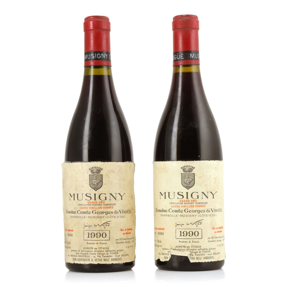 Domaine Comte Georges de Vogüé, Musigny Cuvée Vieilles Vignes, 1990 (2 x 750ml): Domaine Comte Georges de Vogüé, Musigny Cuvée Vieilles Vignes, 1990 (2 x 750ml) Region: Côte de Nuits Capsule: bin-soiled & worn Label: bin-soiled & badly damp-affected - 1 nicked 
