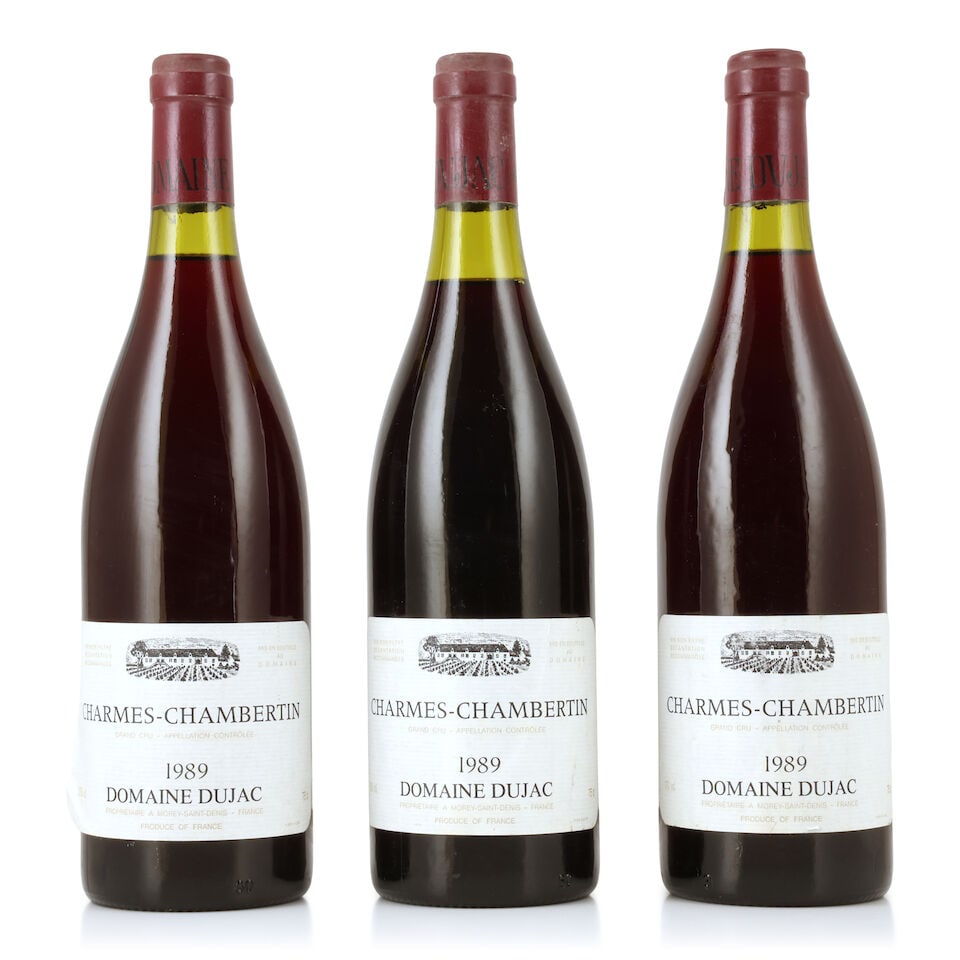 Domaine Dujac, Charmes-Chambertin, 1989 (3 x 750ml): Domaine Dujac, Charmes-Chambertin, 1989 (3 x 750ml) Region: Côte de Nuits Fill Level: 1 x 3cm Capsule: corroded Label: bin-soiled, lightly damp-affected, 1 nicked, 2 creased & peeling For further