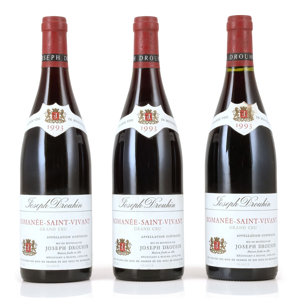 Joseph Drouhin, Romanée-St-Vivant, 1993 (3 x 750ml): Joseph Drouhin, Romanée-St-Vivant, 1993 (3 x 750ml) Region: Côte de Nuits Capsule: bin-soiled capsules, 1 with signs of old seepage Label: bin-soiled, 1 slightly stained; 1 stained neck labe