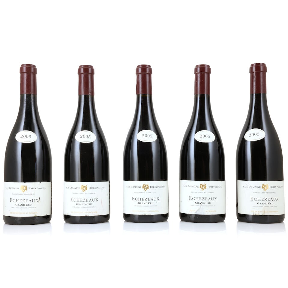 Domaine Forey, Echézeaux, 2005 (5 x 750ml): Domaine Forey, Echézeaux, 2005 (5 x 750ml) Region: Côte de Nuits Capsule: lightly corroded Label: bin-soiled, marked & nicked, 1 scuffed & peeling; 1 vintage label misaligned For further inf