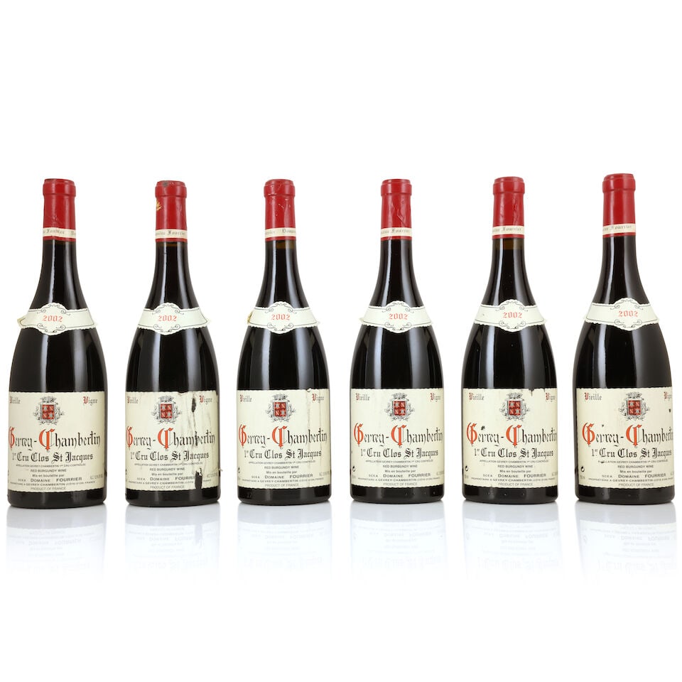 Domaine Fourrier, Gevrey-Chambertin 1er Cru Clos St-Jacques Vieille Vigne, 2002 (6 x 750ml): Domaine Fourrier, Gevrey-Chambertin 1er Cru Clos St-Jacques Vieille Vigne, 2002 (6 x 750ml) Region: Côte de Nuits Capsule: lightly corroded, creased & worn, 1 nicked Label: badly bin-soiled & scu
