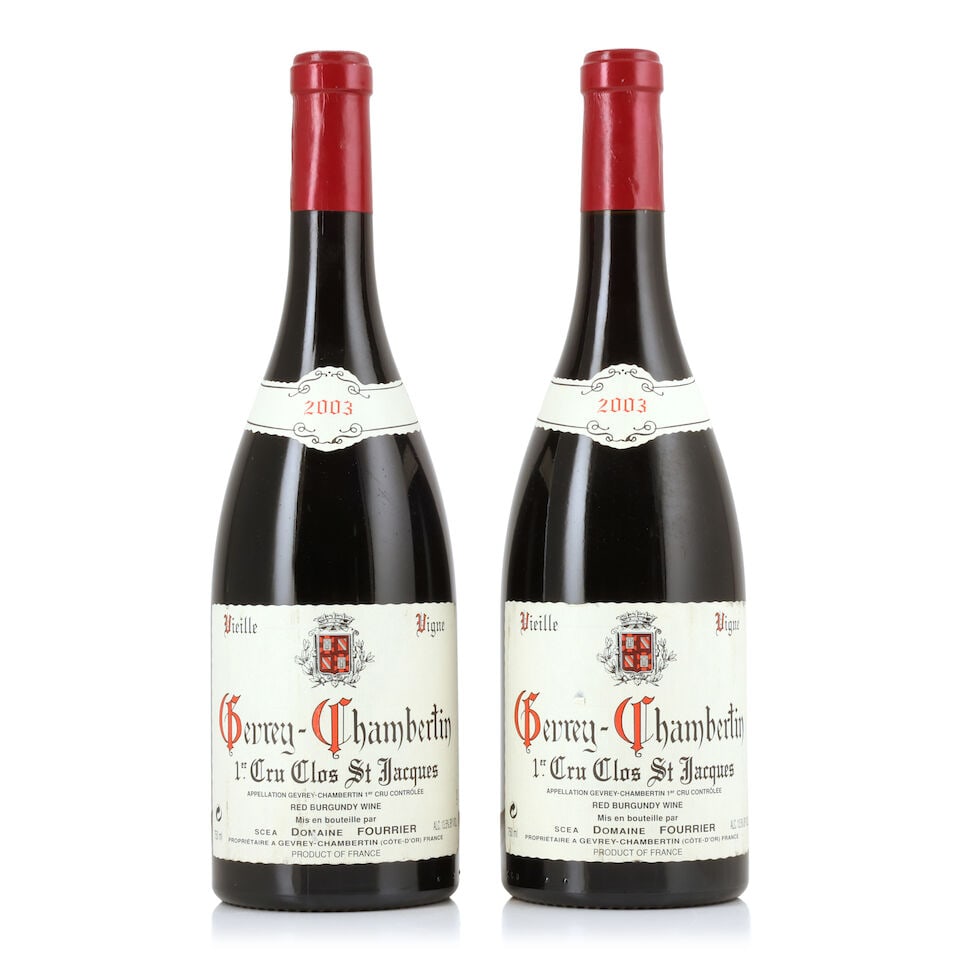 Domaine Fourrier, Gevrey-Chambertin 1er Cru Clos-St-Jacques Vieille Vigne, 2003 (2 x 750ml): Domaine Fourrier, Gevrey-Chambertin 1er Cru Clos-St-Jacques Vieille Vigne, 2003 (2 x 750ml) Region: Côte de Nuits Capsule: creased capsules Label: lightly bin-soiled - 1 nicked For further inform