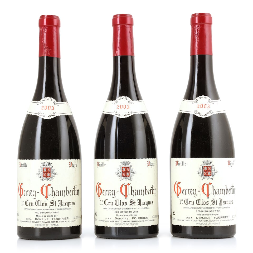 Domaine Fourrier, Gevrey Chambertin 1er Cru Clos St Jacques Vieille Vigne, 2003 (3 x 750ml): Domaine Fourrier, Gevrey Chambertin 1er Cru Clos St Jacques Vieille Vigne, 2003 (3 x 750ml) Region: Côte de Nuits Capsule: slightly creased Label: bin-soiled, creased & nicked For further informa