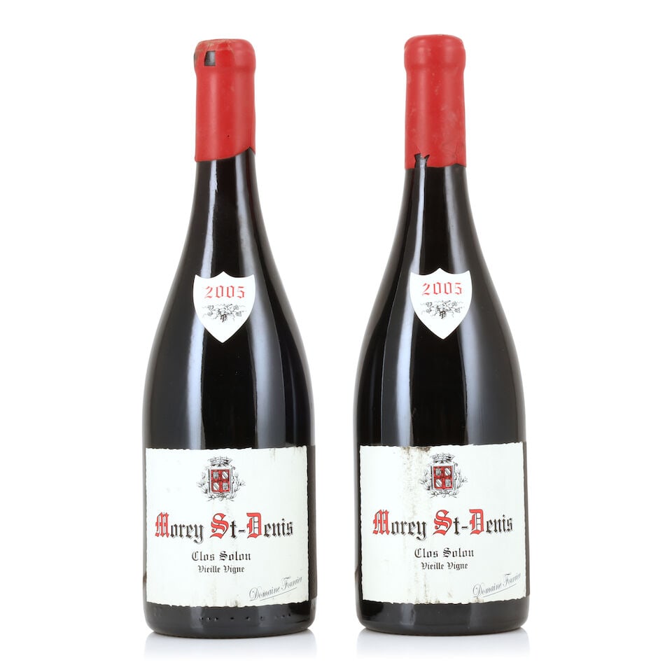 Domaine Fourrier, Morey-St-Denis Clos Solon Vieille Vigne, 2005 (2 x 750ml): Domaine Fourrier, Morey-St-Denis Clos Solon Vieille Vigne, 2005 (2 x 750ml) Region: Côte de Nuits Capsule: chipped wax seals Label: bin-soiled, 1 badly For further information on this lot please 