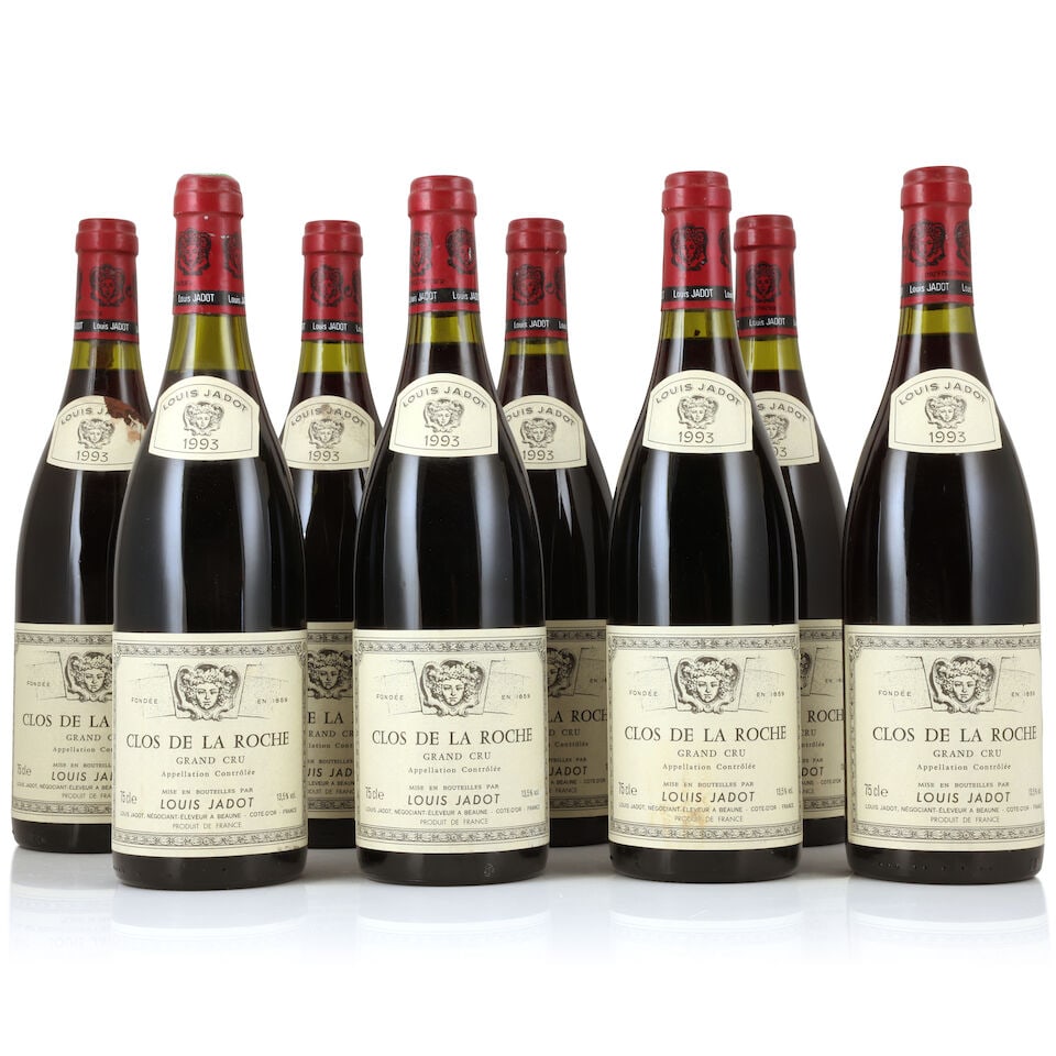Louis Jadot, Clos de la Roche, 1993 (8 x 750ml): Louis Jadot, Clos de la Roche, 1993 (8 x 750ml) Region: Côte de Nuits Capsule: lightly corroded, 1 with signs of old seepage Label: 4 lightly damp-affected, 1 creased, 1 stained; 2 stained vintag
