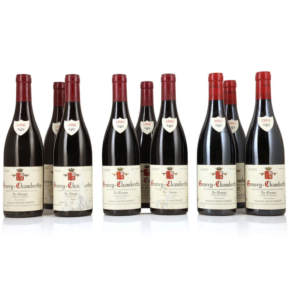 Domaine Denis Mortet, Gevrey-Chambertin En Champs Vieille Vigne, 1996 (3 x 750ml) Domaine Denis ...: Domaine Denis Mortet, Gevrey-Chambertin En Champs Vieille Vigne, 1996 (3 x 750ml) Region: Côte de Nuits Label: bin-soiled & damp-affected, 2 badly scuffed & incomplete Domaine Denis Mortet, Gevre