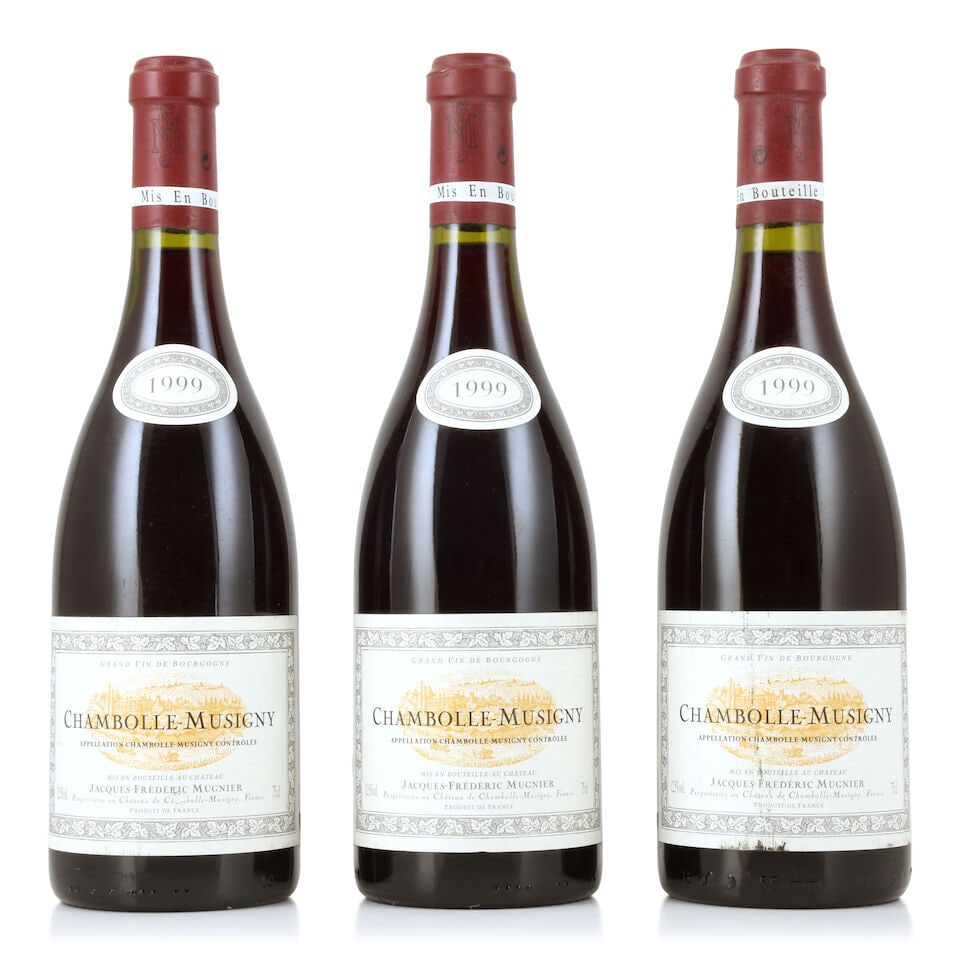 Domaine Jacques-Frédéric Mugnier, Chambolle-Musigny, 1999 (3 x 750ml): Domaine Jacques-Frédéric Mugnier, Chambolle-Musigny, 1999 (3 x 750ml) Region: Côte de Nuits Label: bin-soiled, 2 lightly, 1 nicked For further information on this lot please visit Bonha