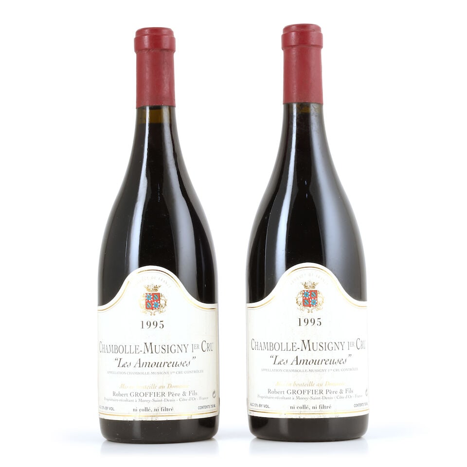 Robert Groffier Père & Fils, Chambolle-Musigny 1er Cru Les Amoureuses, 1995 (2 x 750ml): Robert Groffier Père & Fils, Chambolle-Musigny 1er Cru Les Amoureuses, 1995 (2 x 750ml) Region: Côte de Nuits Label: bin-soiled & peeling For further information on this lot please visit Bon