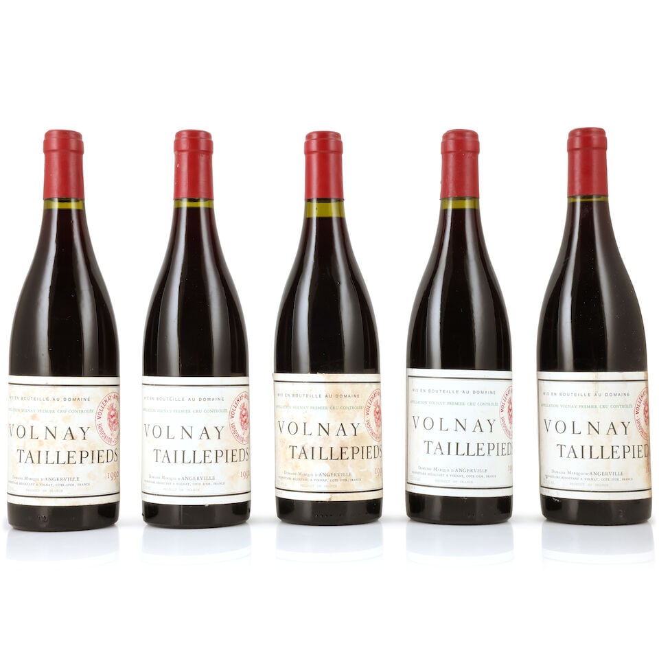Domaine Marquis d'Angerville, Volnay 1er Cru Taillepieds, 1990 (5 x 750ml): Domaine Marquis d'Angerville, Volnay 1er Cru Taillepieds, 1990 (5 x 750ml) Region: Côte de Beaune Capsule: lightly corroded Label: bin-soiled & damp-stained, 3 badly, 2 nicked, 1 scuffed & incomp