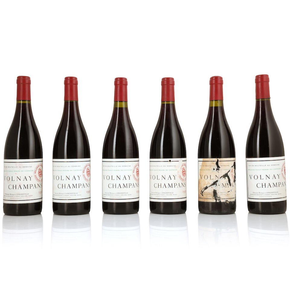 Domaine Marquis d'Angerville, Volnay 1er Cru Champans, 1990 (12 x 750ml): Domaine Marquis d'Angerville, Volnay 1er Cru Champans, 1990 (12 x 750ml) Region: Côte de Beaune Label: bin-soiled & damp-affected - 6 lightly, 1 badly - 4 nicked, 2 marked, 1 torn & incomplete Fo