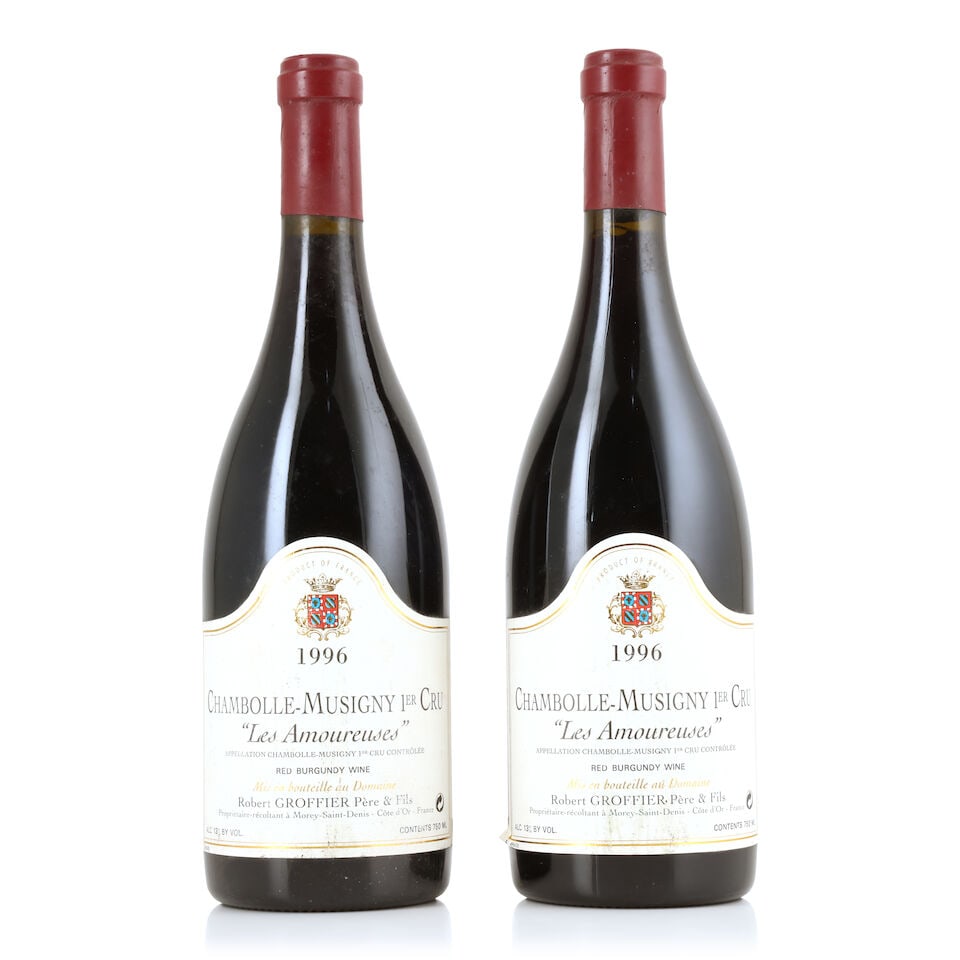 Robert Groffier Père & Fils, Chambolle-Musigny 1er Cru Les Amoureuses, 1996 (2 x 750ml): Robert Groffier Père & Fils, Chambolle-Musigny 1er Cru Les Amoureuses, 1996 (2 x 750ml) Region: Côte de Nuits Capsule: creased Label: badly bin-soiled, creased & peeling For further informat