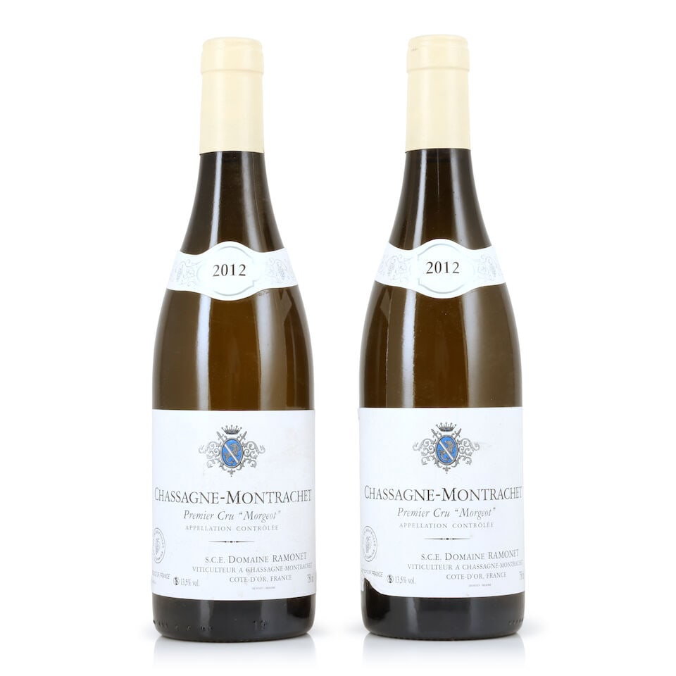 Domaine Ramonet, Chassagne-Montrachet 1er Cru Morgeot, 2012 (2 x 750ml): Domaine Ramonet, Chassagne-Montrachet 1er Cru Morgeot, 2012 (2 x 750ml) Region: Côte de Beaune Label: bin-soiled & damp-affected, 1 slightly stained, 1 scuffed & peeling For further information o