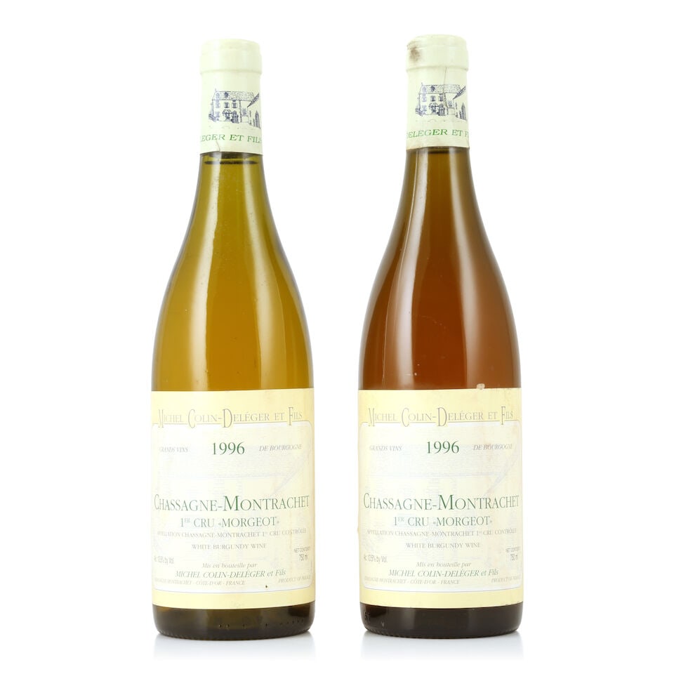 Domaine Michel Colin-Deléger, Chassagne-Montrachet 1er Cru La Morgeot, 1996 (2 x 750ml): Domaine Michel Colin-Deléger, Chassagne-Montrachet 1er Cru La Morgeot, 1996 (2 x 750ml) Region: Côte de Beaune Capsule: slightly worn Label: bin-soiled, damp-affected & nicked Miscellaneous: