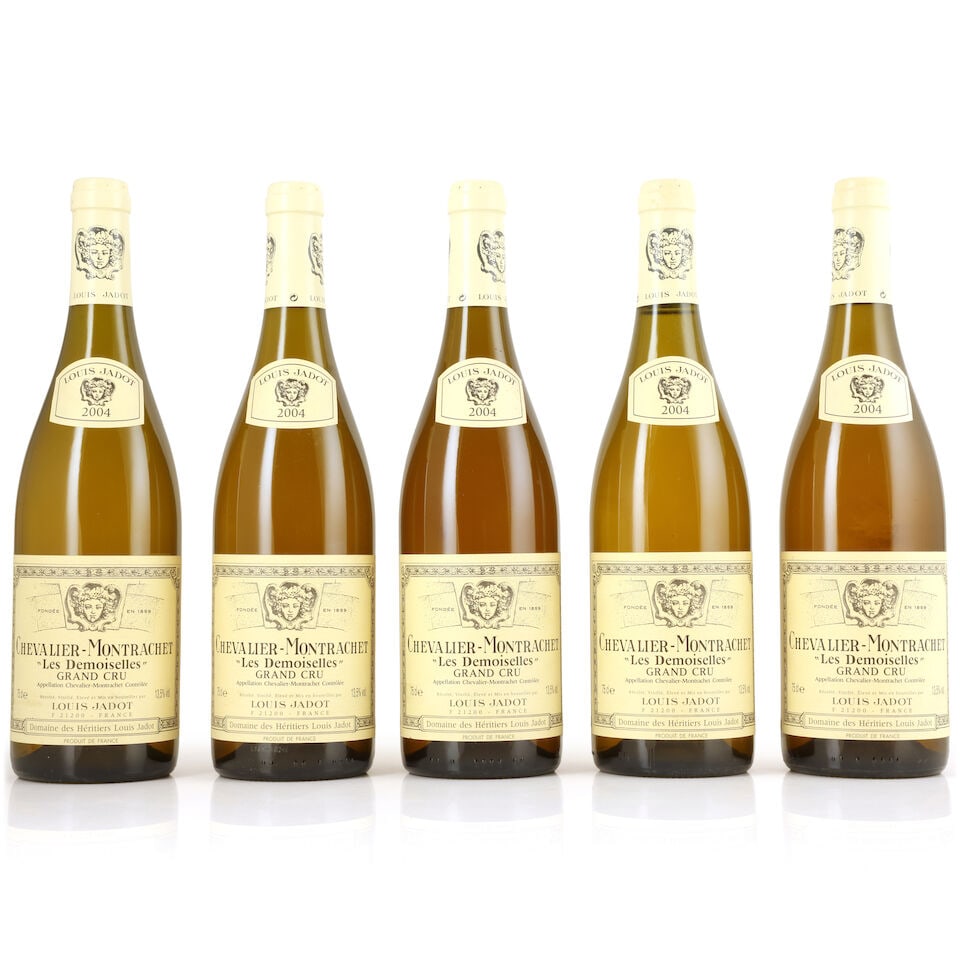 Domaine des Héritiers, Louis Jadot, Chevalier-Montrachet Les Demoiselles, 2004 (5 x 750ml): Domaine des Héritiers, Louis Jadot, Chevalier-Montrachet Les Demoiselles, 2004 (5 x 750ml) Region: Côte de Beaune Label: lightly damp-affected Packaging: original wooden case (lacking lid) F