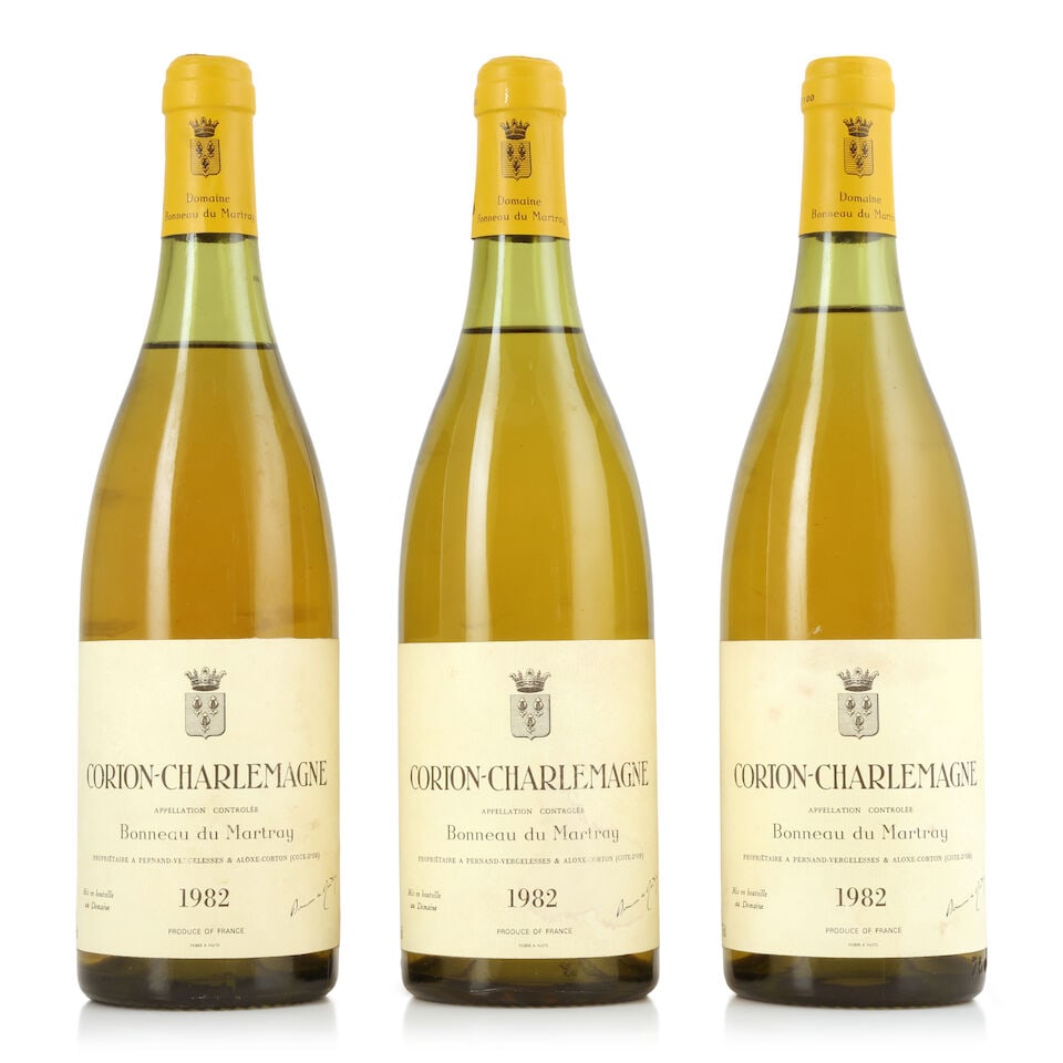 Bonneau du Martray, Corton-Charlemagne, 1982 (3 x 750ml): Bonneau du Martray, Corton-Charlemagne, 1982 (3 x 750ml) Region: Côte de Beaune Fill Level: 1 x 3, 1 x 3.5cms Label: damp-stained For further information on this lot please visit Bonhams.com For