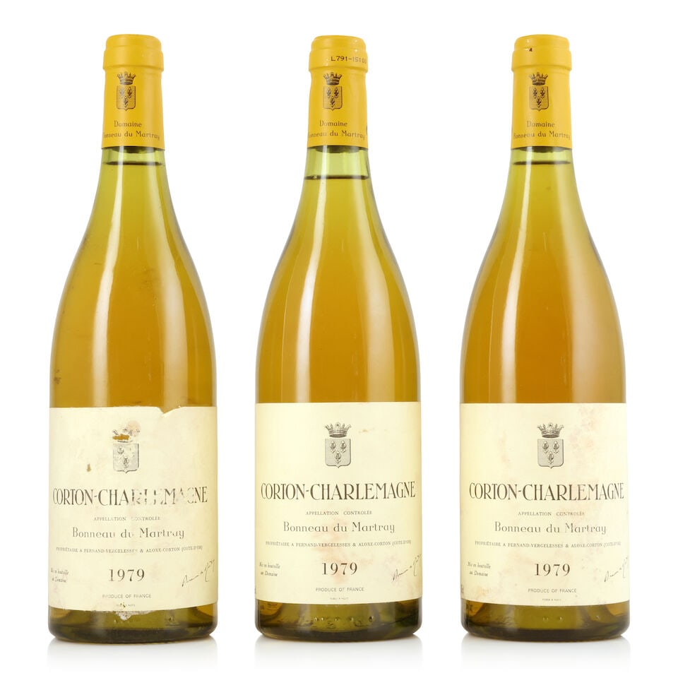 Bonneau du Martray, Corton-Charlemagne, 1979 (3 x 750ml): Bonneau du Martray, Corton-Charlemagne, 1979 (3 x 750ml) Region: Côte de Beaune Capsule: slightly worn Label: damp-stained - 1 nicked, 1 scuffed & peeling For further information on this lot plea