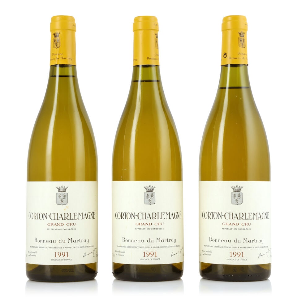 Bonneau du Martray, Corton-Charlemagne, 1991 (3 x 750ml): Bonneau du Martray, Corton-Charlemagne, 1991 (3 x 750ml) Region: Côte de Beaune Label: 1 lightly stained Packaging: original carton (damp-affected) For further information on this lot please visi