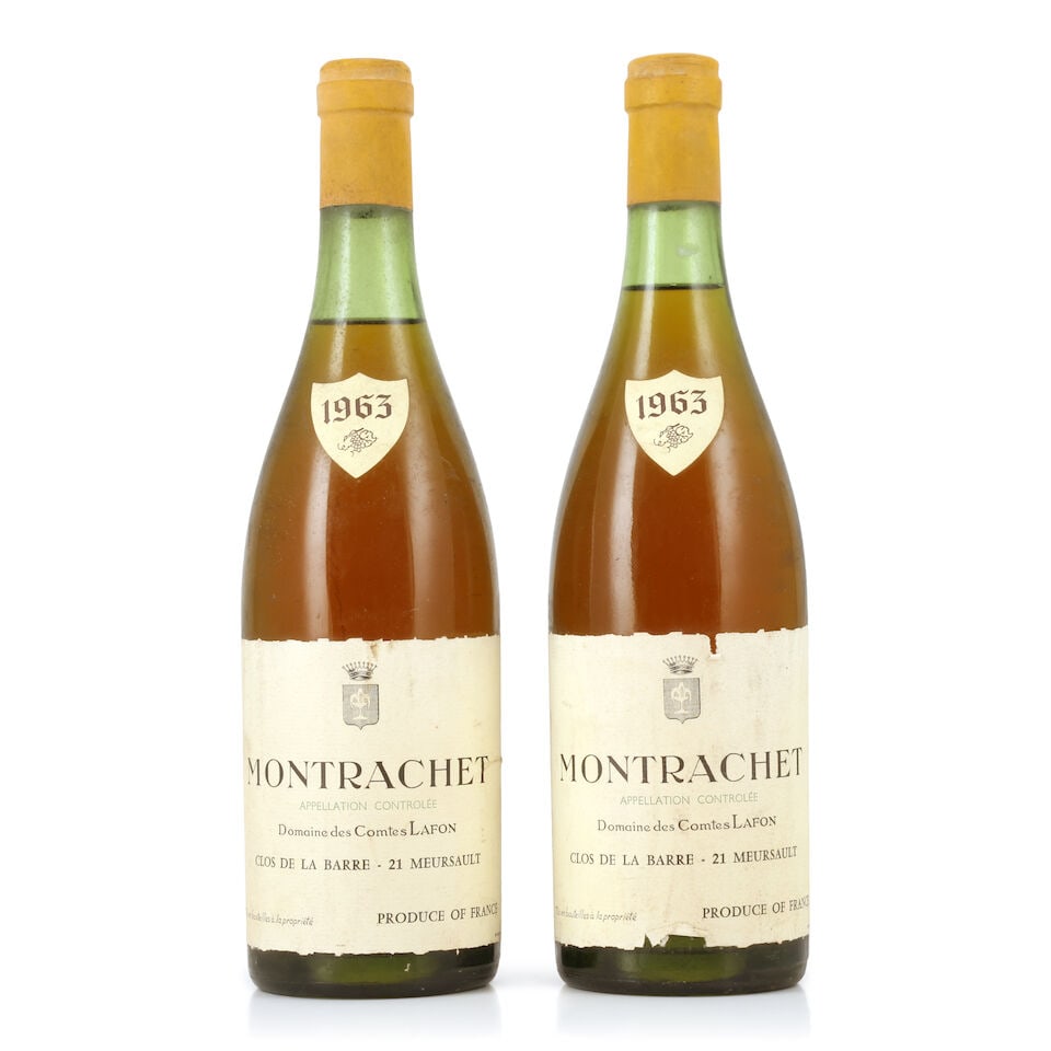 Domaine des Comtes Lafon, Montrachet, 1963 (2 x 750ml): Domaine des Comtes Lafon, Montrachet, 1963 (2 x 750ml) Region: Côte de Beaune Fill Level: 1 x 2.5cm, 1 x 3cm Capsule: slightly corroded Label: bin-soiled, damp-affected & creased, 1 slightly worn