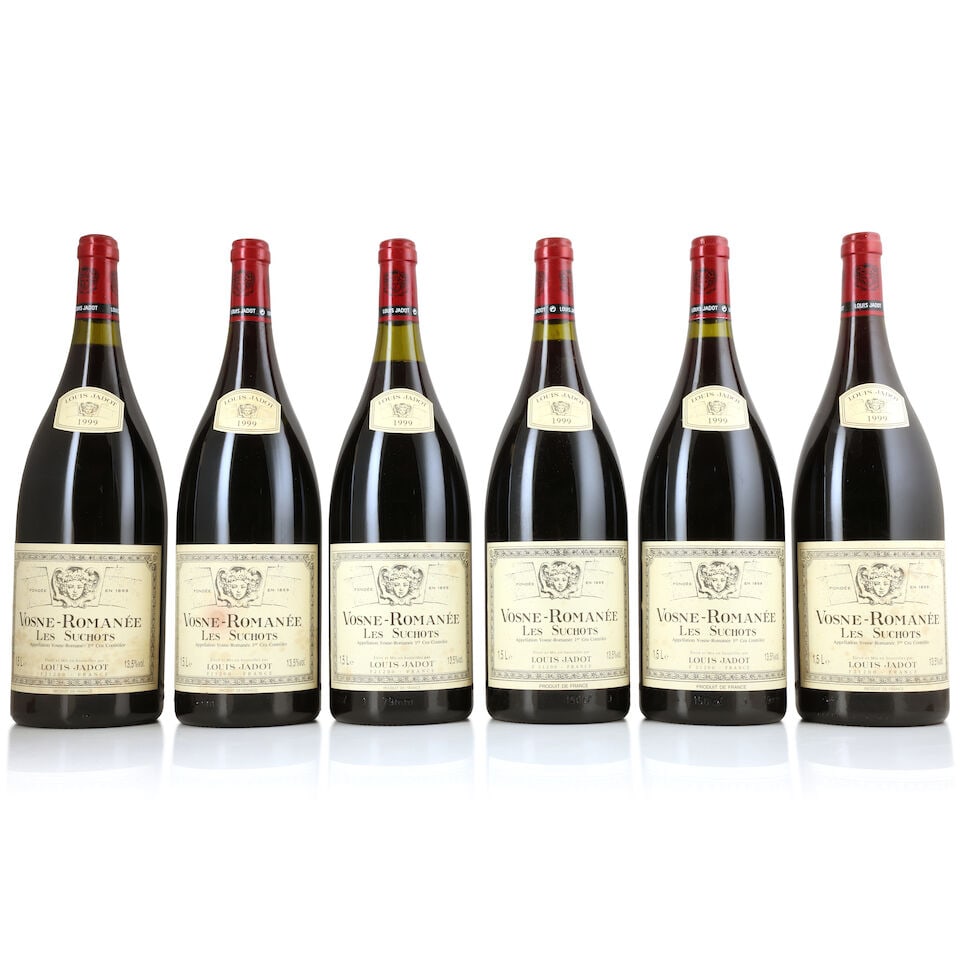 Louis Jadot, Vosne-Romanee 1er Cru Les Suchots, 1999 (6 x 1500ml): Louis Jadot, Vosne-Romanee 1er Cru Les Suchots, 1999 (6 x 1500ml) Region: Côte de Nuits Fill Level: 1 x 3cms Label: lightly bin-soiled & damp-stained Packaging: original wooden case For further i