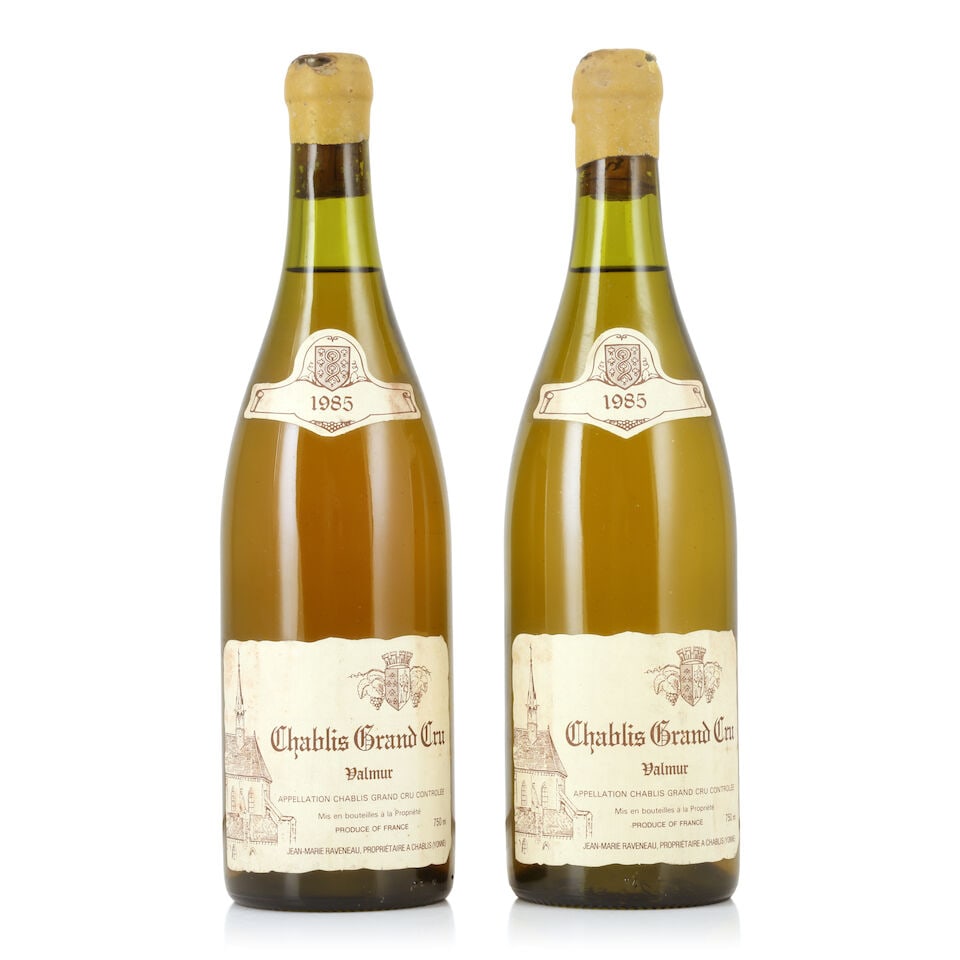 Domaine Raveneau, Chablis Valmur, 1985 (2 x 750ml): Domaine Raveneau, Chablis Valmur, 1985 (2 x 750ml) Region: Chablis Capsule: chipped wax seals with signs of old seepage Label: bin-soiled & damp-stained Miscellaneous: colour variation noted For furth