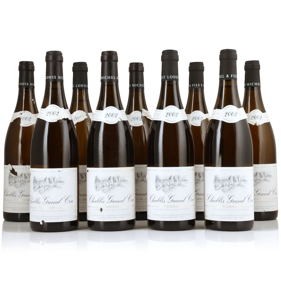 Louis Michel & Fils, Chablis Vaudesir, 2002 (9 x 750ml): Louis Michel & Fils, Chablis Vaudesir, 2002 (9 x 750ml) Region: Chablis Label: damp-affected, creased & peeling - 6 torn; torn, creased & peeling neck labels For further information on this lot please