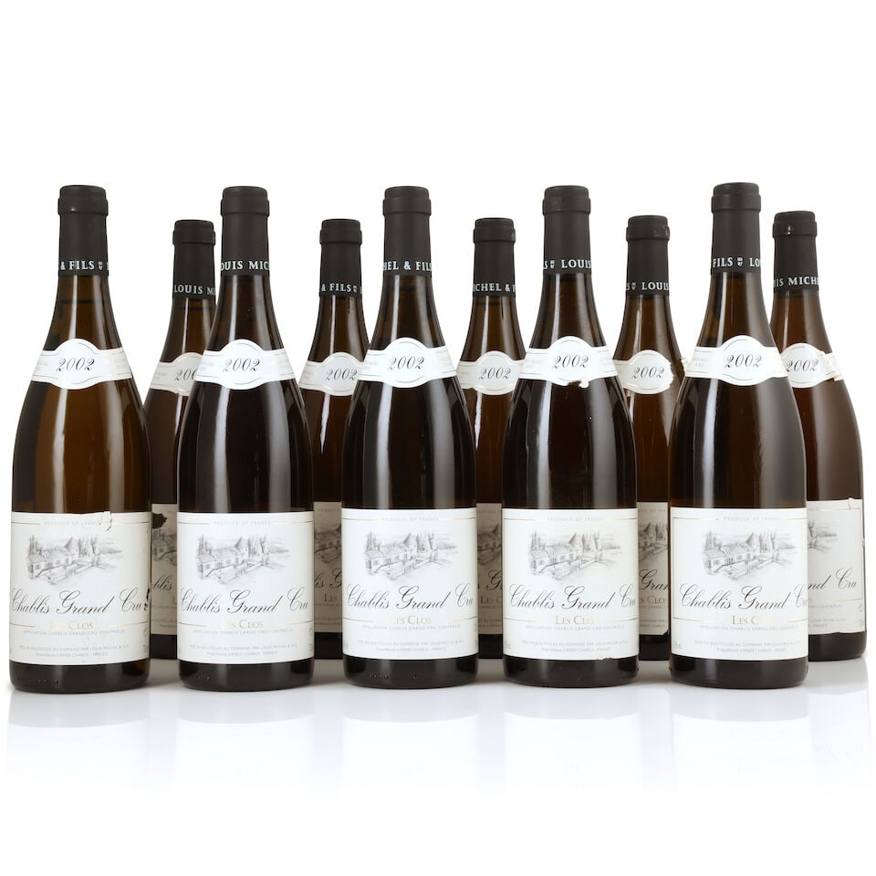 Louis Michel & Fils, Chablis Les Clos, 2002 (10 x 750ml): Louis Michel & Fils, Chablis Les Clos, 2002 (10 x 750ml) Region: Chablis Label: 6 creased & torn - 2 discoloured; creased & torn neck labels For further information on this lot please visit Bonhams.co