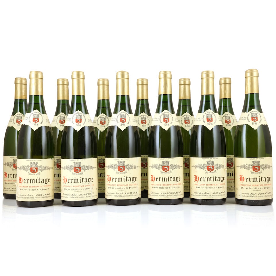 Domaine Jean-Louis Chave, Hermitage Blanc, 1988 (12 x 750ml): Domaine Jean-Louis Chave, Hermitage Blanc, 1988 (12 x 750ml) Region: Rhône Valley Fill Level: 2.5cm or better Label: lightly damp-affected & stained, 7 scuffed & peeling, 5 torn, 3 incomplete For