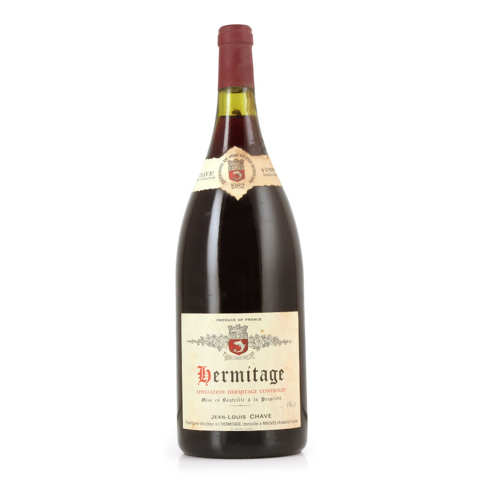 Domaine Jean-Louis Chave, Hermitage, 1982 (1 x 1500ml): Domaine Jean-Louis Chave, Hermitage, 1982 (1 x 1500ml) Region: Rhône Valley Capsule: lightly worn with signs of old seepage Label: bin-soiled & damp-stained label; stained vintage label For furth